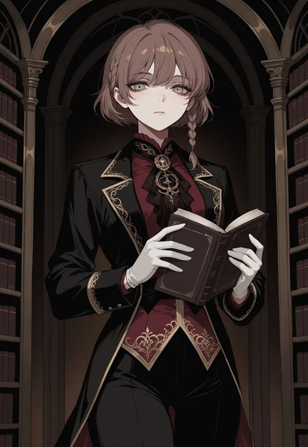 Solo, ethereal, detailed, halfturned, melancholic, upper facing,
dark background, library,
emotionless, looking at viewer,
holding_open_book,
1girl, silver eyes, brown hair, short hair, single braid, side braid, dark green neck cloth, detailed victorian uniform, golden ornate embroidery, black long blazer, open blazer, dark red blouse, gold braided blouse, tugged in blouse, white gloves, black pants,
masterpiece, best quality, very aesthetic, absurdres, newest,