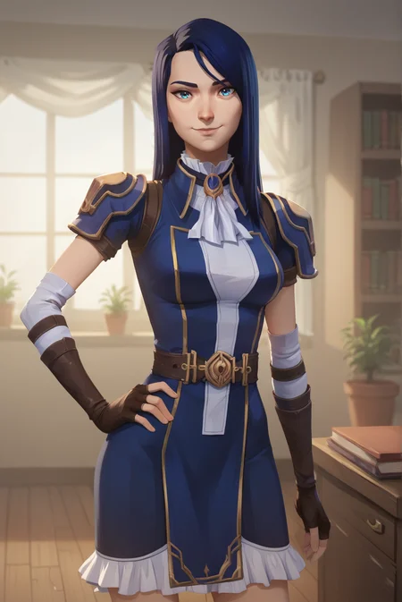score_9, score_8_up, score_7_up, score_6_up, score_5_up, score_4_up, BREAK source_anime, 1girl, solo,
<lora:ArcaneCaitlynXL-v3-07:0.7>, ChopioCaitlyn, blue hair, shiny hair, blue eyes, looking at viewer,
medium breasts,
long hair, straight hair, parted hair, asymmetrical bangs,
outfit_1, white ascot, brooch, blue dress, shoulder armor, short sleeves, elbow gloves, fingerless gloves, brown belt, frilled dress,
indoors, bookshelf, window, potted plant, wooden floor, standing, smile, hand on own hip, cowboy shot, closed mouth,
