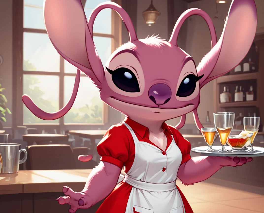 score_9, score_8_up, score_8, <lora:Angel_for_PonyXL:0.8> 1girl, furry, ange1, antennae, solo, black eyes, resturant, waitress, dress, uniform