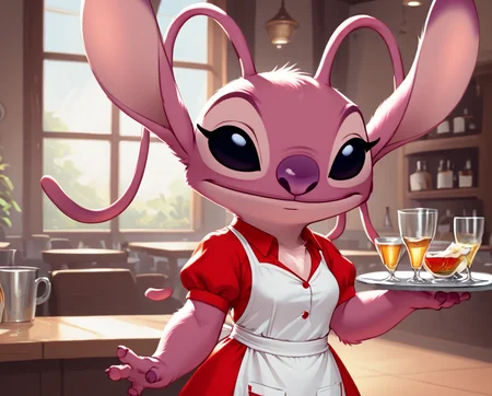 score_9, score_8_up, score_8, <lora:Angel_for_PonyXL:0.8> 1girl, furry, ange1, antennae, solo, black eyes, resturant, waitress, dress, uniform