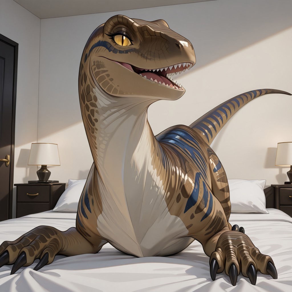 1girl, highres, absurdres, newest, masterpiece, best quality, furry, furry_female, dinosaur, raptor, scales, tail, claws, talons, Echo_jw, brown scales, dark blue stripes, yellow sclera, slit pupils, (feral, quadruped:1.3), detailed eyes, on_bed, on_stomach, open_mouth, open mouth smile, luxurious detailed room, bright room, day scene, professional lighting, white bed, solo, bedroom, smiling, seductive, looking_at_viewer, masterpiece, close up, safe
