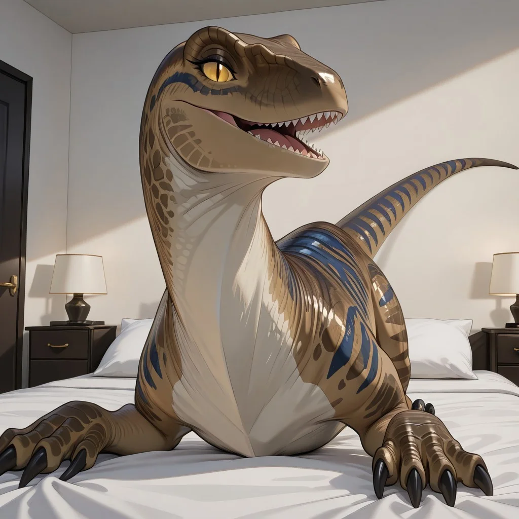 1girl, highres, absurdres, newest, masterpiece, best quality, furry, furry_female, dinosaur, raptor, scales, tail, claws, talons, Echo_jw, brown scales, dark blue stripes, yellow sclera, slit pupils, (feral, quadruped:1.3), detailed eyes, on_bed, on_stomach, open_mouth, open mouth smile, luxurious detailed room, bright room, day scene, professional lighting, white bed, solo, bedroom, smiling, seductive, looking_at_viewer, masterpiece, close up, safe