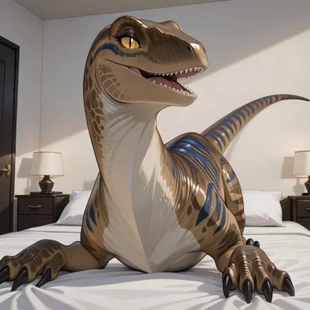 1girl, highres, absurdres, newest, masterpiece, best quality, furry, furry_female, dinosaur, raptor, scales, tail, claws, talons, Echo_jw, brown scales, dark blue stripes, yellow sclera, slit pupils, (feral, quadruped:1.3), detailed eyes, on_bed, on_stomach, open_mouth, open mouth smile, luxurious detailed room, bright room, day scene, professional lighting, white bed, solo, bedroom, smiling, seductive, looking_at_viewer, masterpiece, close up, safe