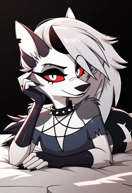 score_9, score_8_up, score_7_up, score_6_up, score_5_up, score_4_up, masterpiece, high quality, detailed, best quality, white bed, solo, rating_safe, source_furry, white bed, bedroom, smiling, seductive, ((looking at viewer, lying on belly, lying on stomach:1.3)), detailed eyes, Loona \(helluva boss\), tail, long hair, grey hair, female, 1girl, colored sclera, red sclera, white eyes, anthro, fingerless gloves, black thighhighs, spiked collar, crop top, black shorts, close up,
