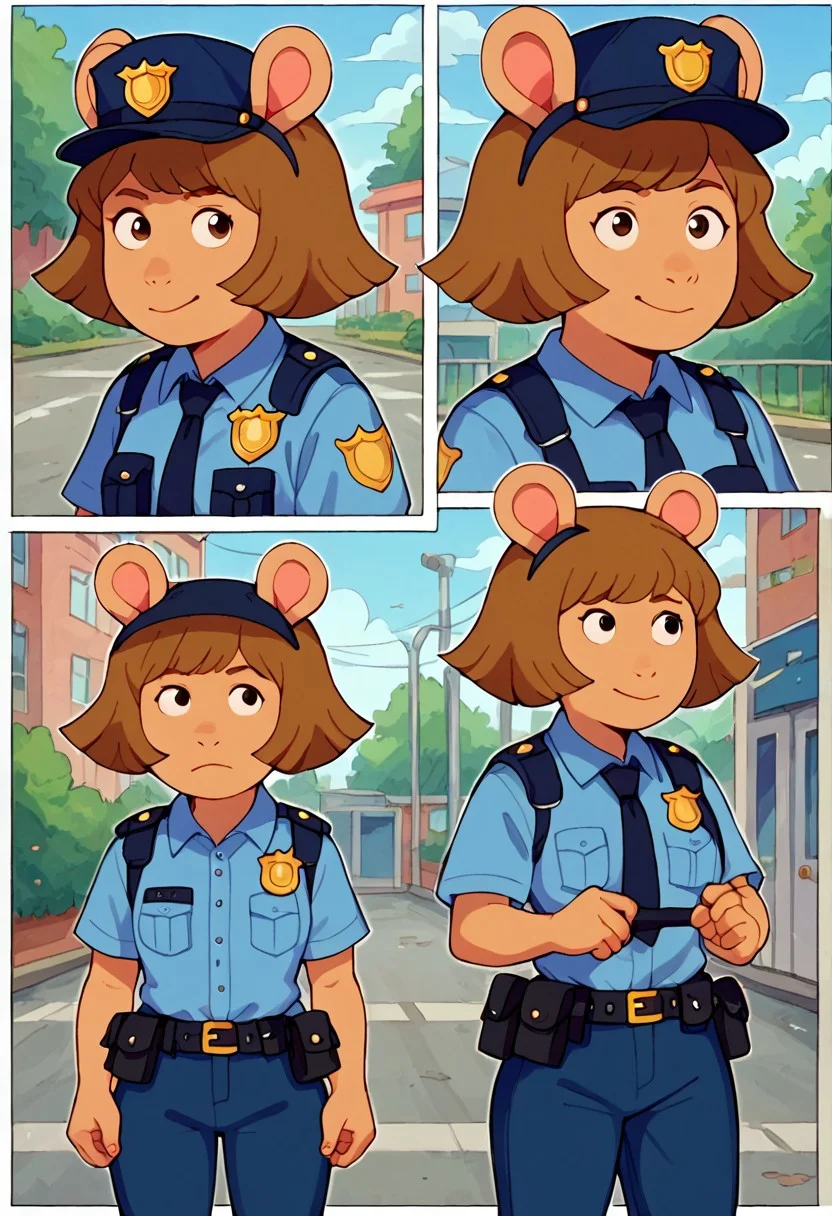 score_9, score_8_up, solo, 1girl, standing, police station, police uniform, 23yo 1girl, d.w, short hair, brown hair, animal ears, multiple views,