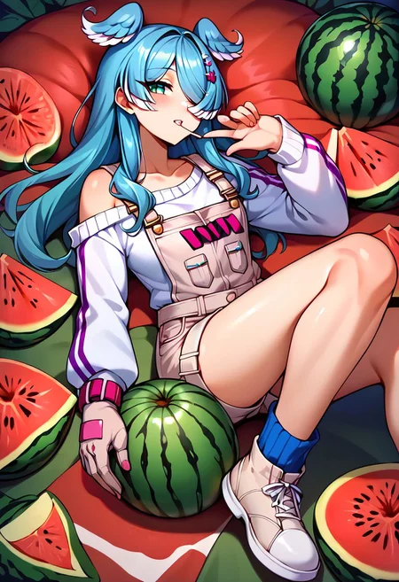 score_9, score_8_up, score_7_up, uncensored, source_anime, 1girl, <lora:speliraPendoraXLPony:1> elira1st, long sleeves, overalls, white sweater, off shoulder, single glove, one eye covered, overall shorts, melon, doily, food, fruit, melon