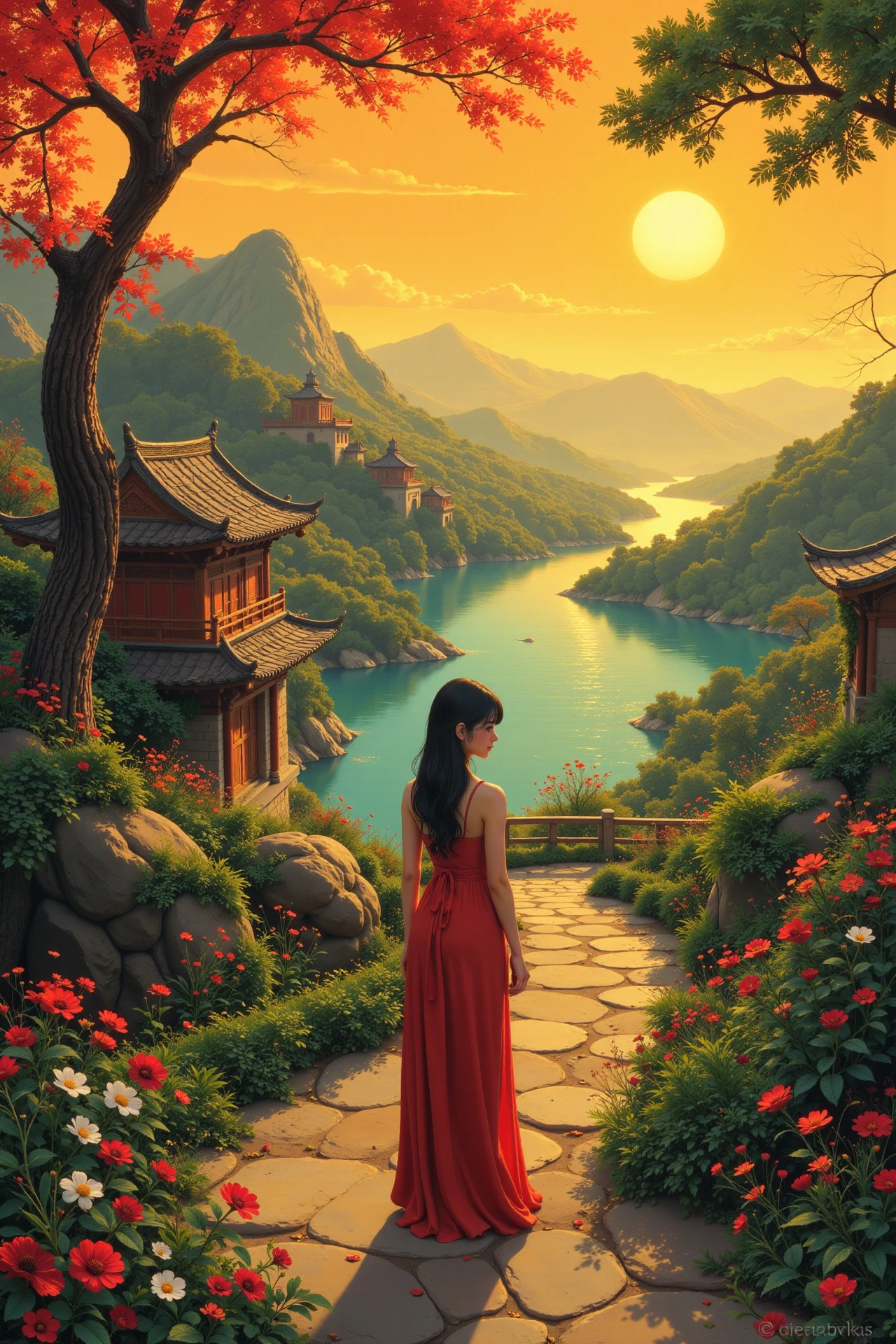 an oriental villaje beautiful  landscape, golden hour, woman, very intricate, very detailed, sharp, bright, colorful, <lora:Hand v2:0.5> <lora:Anti-Blur:1><lora:Insane Detail Slider:0.25>  <lora:flux.1_lora_flyway_Epic-detail_v2:0.3> <lora:fluxenhancer:0.25> <lora:Anime_style:0.7> anime style