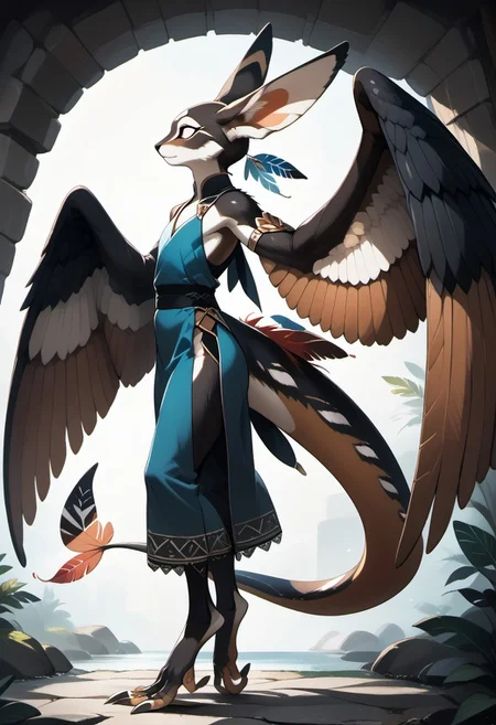 1person, Palagiri, long toes, nimble toes, handfeet, anthro, ((wing arms, large wings, no hands)), feline features, feline nose, large ears, thick tail, long tail, tapering tail, feather tipped tail, digitigrade legs,
Side profile,
Source: anime, score: 9, score: 8up,