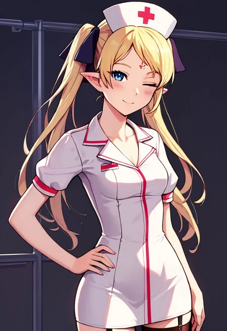 solo, looking at viewer, score_9, score_8_up, score_7_up, score_6_up, score_5_up, score_4_up, rating_questionable, , source_anime, digital illustration, pixiv, fanbox, uncensored, slightly pointed ears,, 1girl tilarna exedilika, forehead mark twintails, blonde hair, blue eyes, hair ribbon, (best quality) , (highly detailed) ,masterpiece ,absurdres ,detailed face ,beautiful face ,(detailed eyes, deep eyes, anime eyes) ,1girl , solo, upper body, slight smile, small breasts, nurse cap, one eye closed, white dress, garter straps, thighhighs, blush, short sleeves, ;d, black thighhighs, looking at viewer, female focus, nurse, hat, indoors, dress, hand on hip, bow, collarbone, infirmary,
cowboy shot, black background,
