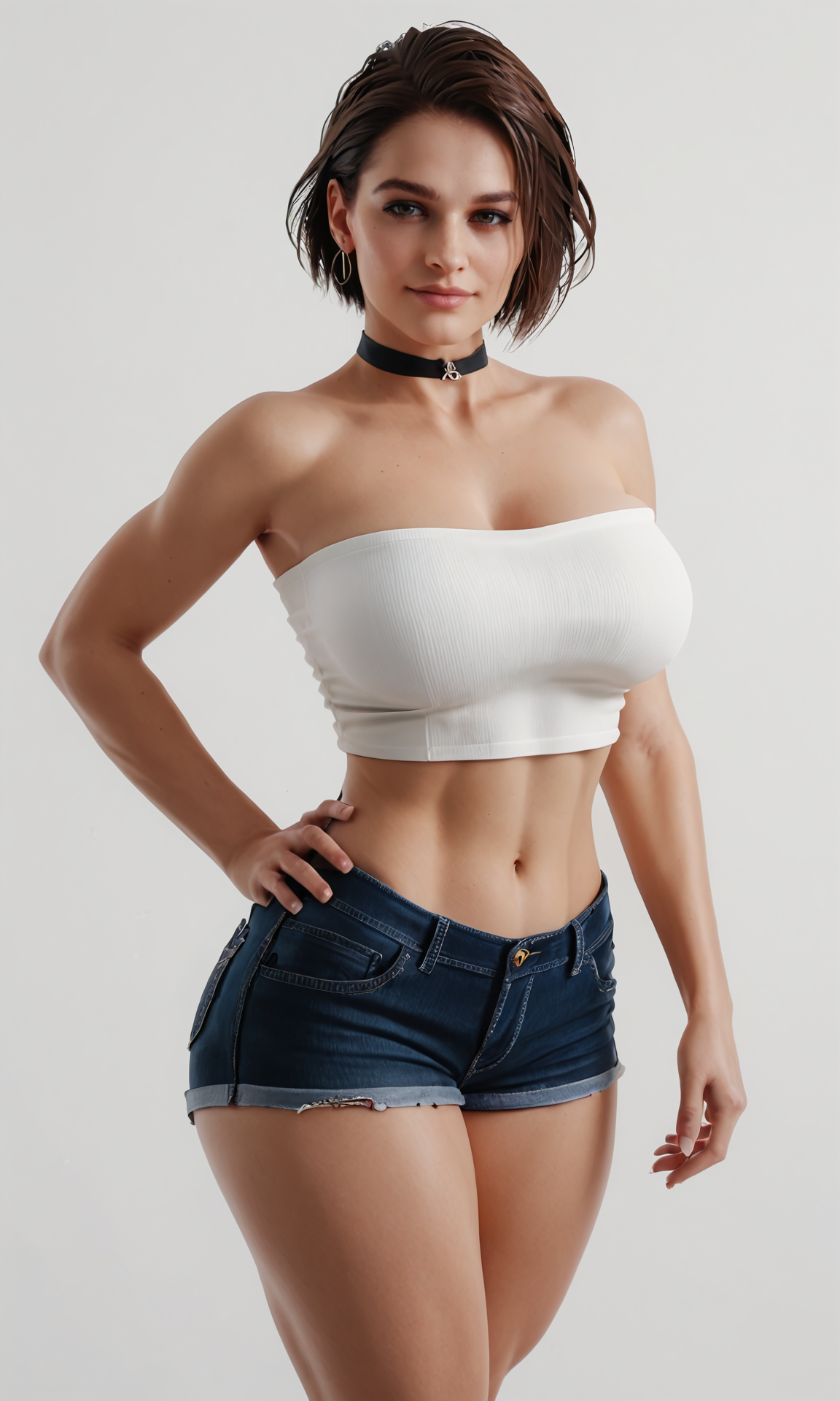 score_9, score_8_up, score_7_up, realistic,
1girl,solo,
standing, hand on own hip,
looking at viewer, light smile, half-closed eyes,
Jill_valentine_Pony_SKNSFW, short hair, brown hair, 
large breasts, thick thighs,
choker, earrings,
white crop top, strapless, bare shoulders, 
short shorts, 
white background, simple background,
 <lora:Jill_valentine_Pony_SKNSFW_v1:0.4>