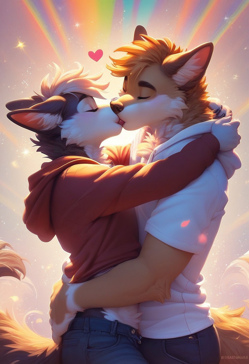 score_9, score_8_up, score_7_up,score_6_up, source_furry, Furry Mix PDXL, furry male, highly detailed, hyperrealistic, extremely fluffy, ,, dynamic pose, beautiful vibrant colors, intricate details, cinematic lighting, photorealistic, 8k, masterpiece  , high quality,F.M PDXL, (((2boys))), thigh up view,  kissing, hooded shirt, pants
 (((by <pochemu>))), Expressiveh, rainbow background, hearts, with text "LOVE IS LOVE"