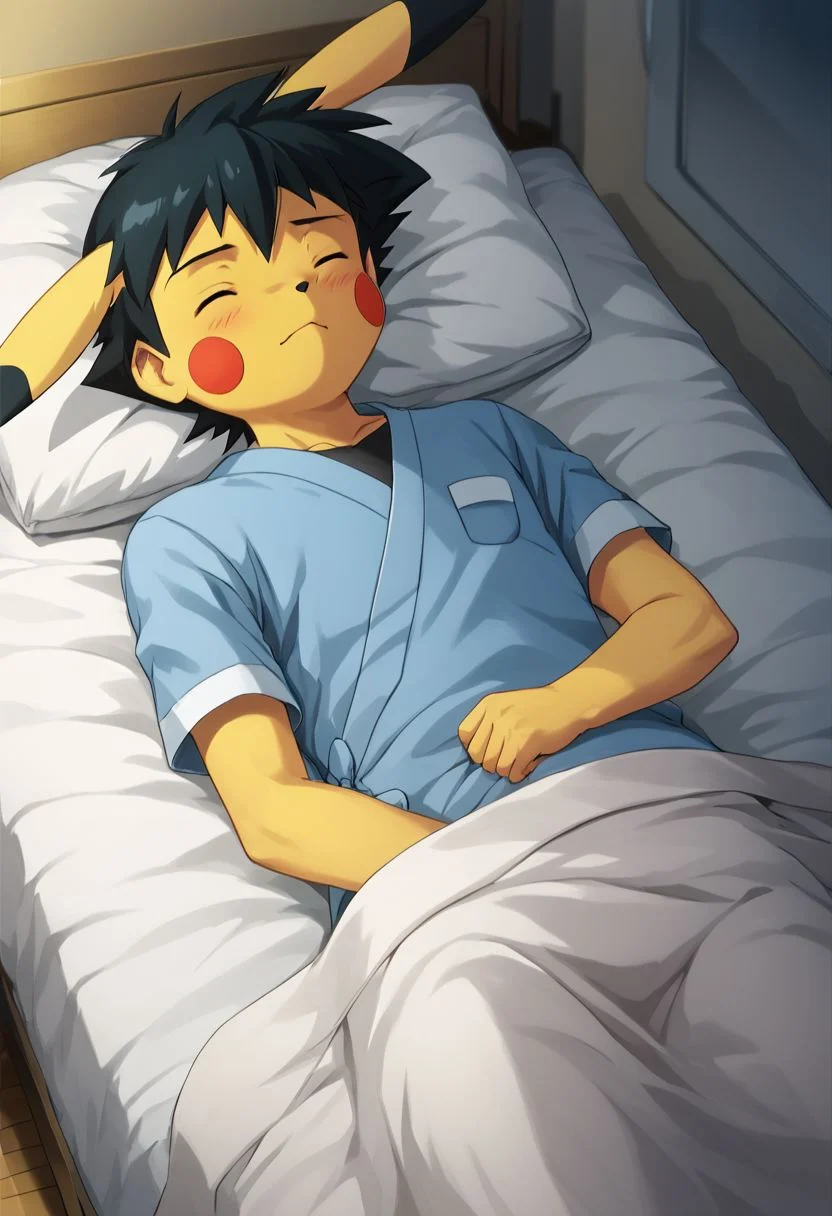 score_9, score_8_up, score_7_up, source_anime, rating_safe, uncensored, dutch angle, highly detailed,
BREAK 
1boy, solo, lying on bed, XY_2, ((emotionless)), closed eyes, 
hospital gown, bed, hospital bed, indoors,
BREAK
pokemon \(creature\) pikachu, pokemon sitting by bed,