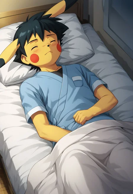 score_9, score_8_up, score_7_up, source_anime, rating_safe, uncensored, dutch angle, highly detailed,
BREAK 
1boy, solo, lying on bed, XY_2, ((emotionless)), closed eyes, 
hospital gown, bed, hospital bed, indoors,
BREAK
pokemon \(creature\) pikachu, pokemon sitting by bed,