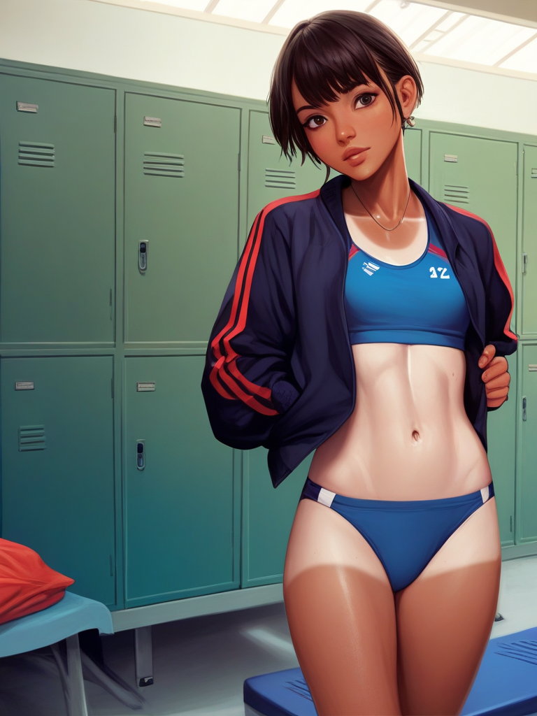 score_9,score_8,score_7,rating_safe,skinny teen girl,<lora:rikujou02:1>,rikujou02,tanlines,in locker room,jacket,