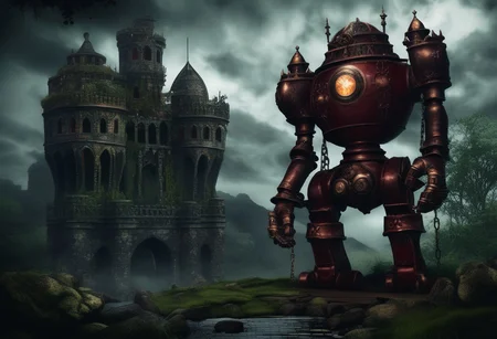 giant bipedal robot dirty dark red and dark green, bronze paisley robot. lacy robot metal kettle head. outside of a steampunk keep. large detailed torso. dark image. one forty foot tall ancient robot with great arms and two heavy spring legs. dark foggy night background. $dark foggy night image only. dark photo realistic image. steampunk details. cogs, chains and pipes incorporated in the fantasy buildings. magic wizards tower in background. Dark swamp, moss, castle ruins, wizards tower. stormy dark night.  stormy sky.