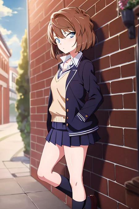 masterpiece,haibara,best quality,solo,1girl,blue eyes, highres, looking at viewer,standing,(school uniform:1.3), brown hair, hands in pockets,from side, bob cut, shoes,cleavage, collarbone,outdoors,
<lora:haibara:0.6>