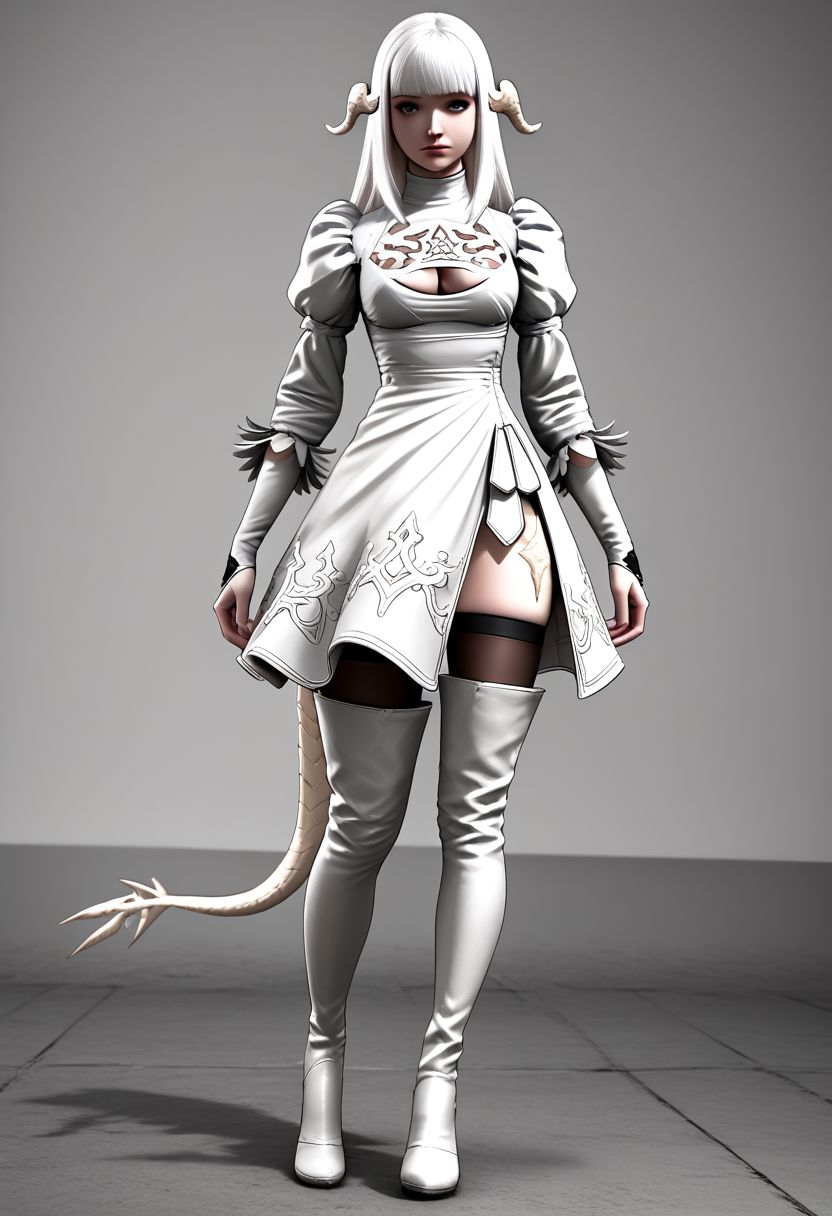 no2 type b dress, 1girl, solo, thighhighs, cosplay, au ra, dress, horns, thigh boots, boots, white hair, long hair, cleavage cutout, clothing cutout, dragon horns, puffy sleeves, thighhighs under boots, blunt bangs, feather-trimmed sleeves, juliet sleeves, white footwear, BREAK PonyXLV6_Scores