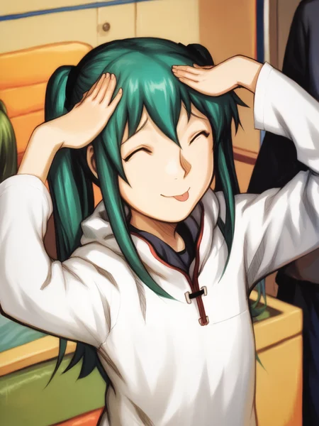 score_9, score_8_up, score_7_up, uncensored, BREAK, 1girl, <lora:yoshitoshi_ABe_Style_PDXLv1.1:1> abe yoshitoshi style, adult, green hair <lora:AhEtoBlehMeme_pdxl_Incrs_v1:1> AhEtoBlehMeme, closed eyes, tongue out, :p, hands on own head, smile