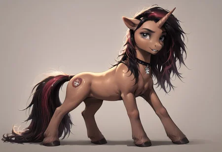 SFW, rating_all, score_10, score_8_up, score_7_up, beautiful, realistic, detailed, perfect, quality, vector, flat colors, masterpiece, ((Pito as a My Little Pony character)), 1female, Unicorn, colored fur, dark toned fur, colored mane, dark toned mane, grey eyes, baggy eyes, mischievous look, loose mane, looking at viewer, ((skullchoker)), tribal tatooes, full body