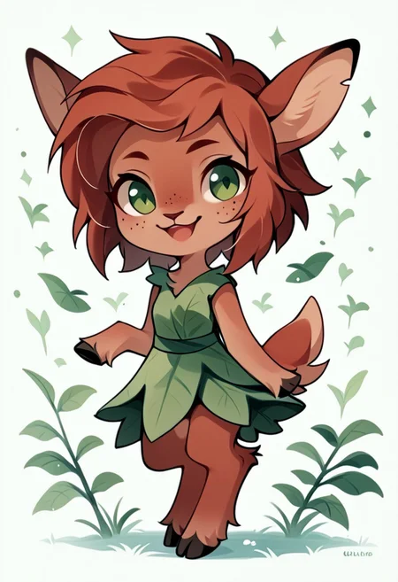 zPDXL3, score_9, score_8_up, score_7_up, score_6_up, score_5_up, score_4_up,
1girl, small breasts, solo, green eyes, animal ears, body fur, furry female, dark-skinned female, dark skin, freckles, hooves, red hair, deer tail, faun,  
forest,
acvillager, chibi, etfawn,