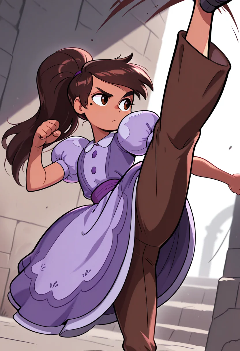 masterpiece, best quality, very aesthetic, absurdres, 1 boy, solo, Marco_Diaz, brown skin, brown eyes, brown hair, long hair, ponytail,  purple dress, short sleeves, puffy sleeves, brown pants,  standing, mole under one eye, action pose, kicking,  <lora:Smooth_Booster_v2:0.25>,  <lora:Marco_Diaz_SVTFOE__Illustrious:1>,  <lora:HerrscherAGGA2025_COLIG_ST-IL_V2:1>