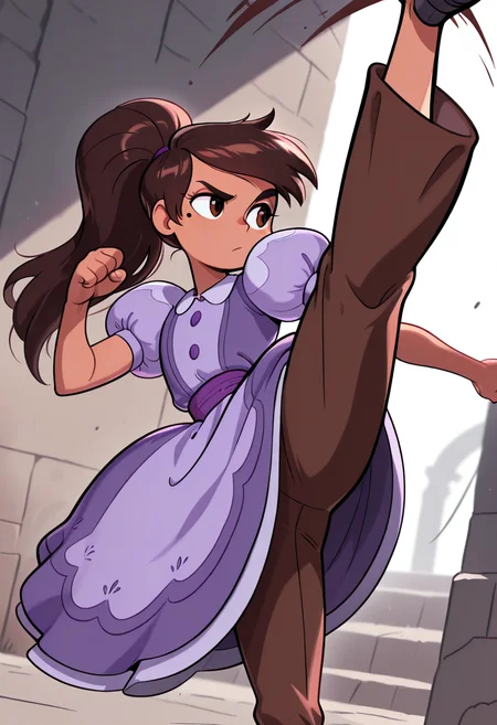 masterpiece, best quality, very aesthetic, absurdres, 1 boy, solo, Marco_Diaz, brown skin, brown eyes, brown hair, long hair, ponytail, purple dress, short sleeves, puffy sleeves, brown pants, standing, mole under one eye, action pose, kicking, <lora:Smooth_Booster_v2:0.25>, <lora:Marco_Diaz_SVTFOE__Illustrious:1>, <lora:HerrscherAGGA2025_COLIG_ST-IL_V2:1>