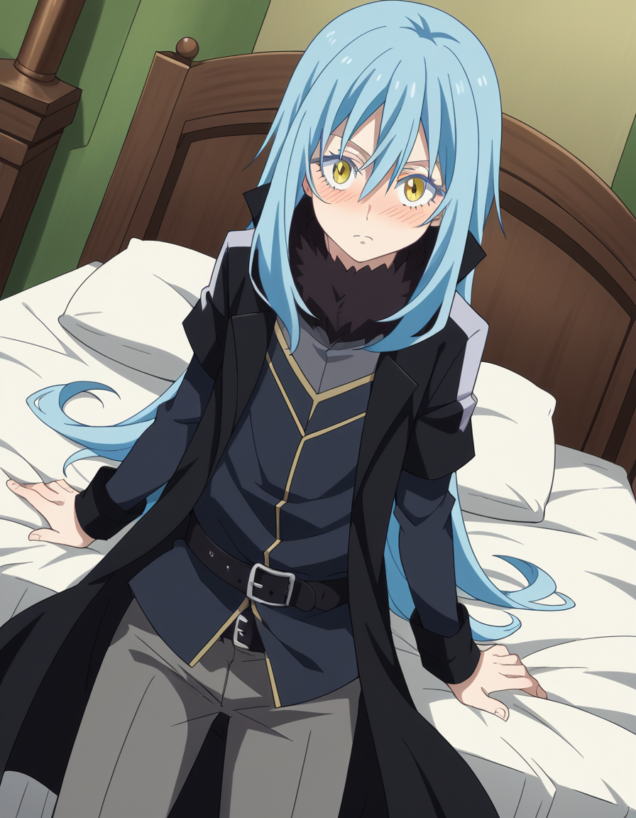 score_9, score_8_up, score_7_up, source_anime, <lora:rimuru-tempest-s3-ponyxl-lora-nochekaiser:1>, rimuru tempest, long hair, hair between eyes, blue hair, yellow eyes, androgynous,, long sleeves, open clothes, belt, pants, coat, black pants, buckle, black belt, open coat, black coat, belt buckle, grey pants,, indoors, bed, bed room, on side, blush, drunk, looking at viewer, solo,, cowboy shot, dutch angle