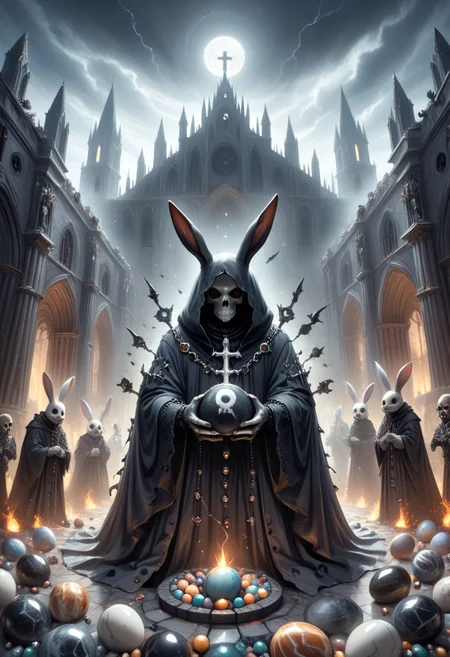made of marbles, <lora:Marbles_World_r1:0.90>, A gothic necromancer made of veined black marble performing a dark Easter ritual, surrounded by floating marble eggs glowing with forbidden magic. A circle of undead rabbits stands around him, eyes lit with spectral fire. Baroque cathedral ruins in the background, stormy sky, dramatic shadows. dark fantasy, gothic, <lora:GothicDetailEnhancerV1:0.85>, <lora:add-detail-xl:0.45>,