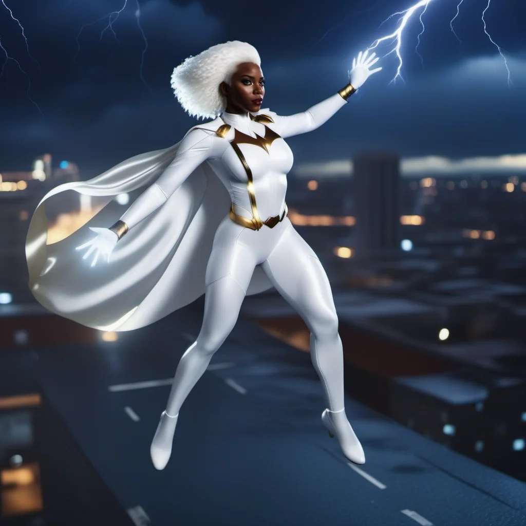 cinematic photo a black woman, full body, with white hair, white superhero suit, storm, white eyes, flying over a city, powerfull in the rain, dramatic, masterpiece <lora:Storm1024-000105:0.8> . 35mm photograph, film, bokeh, professional, 4k, highly detailed