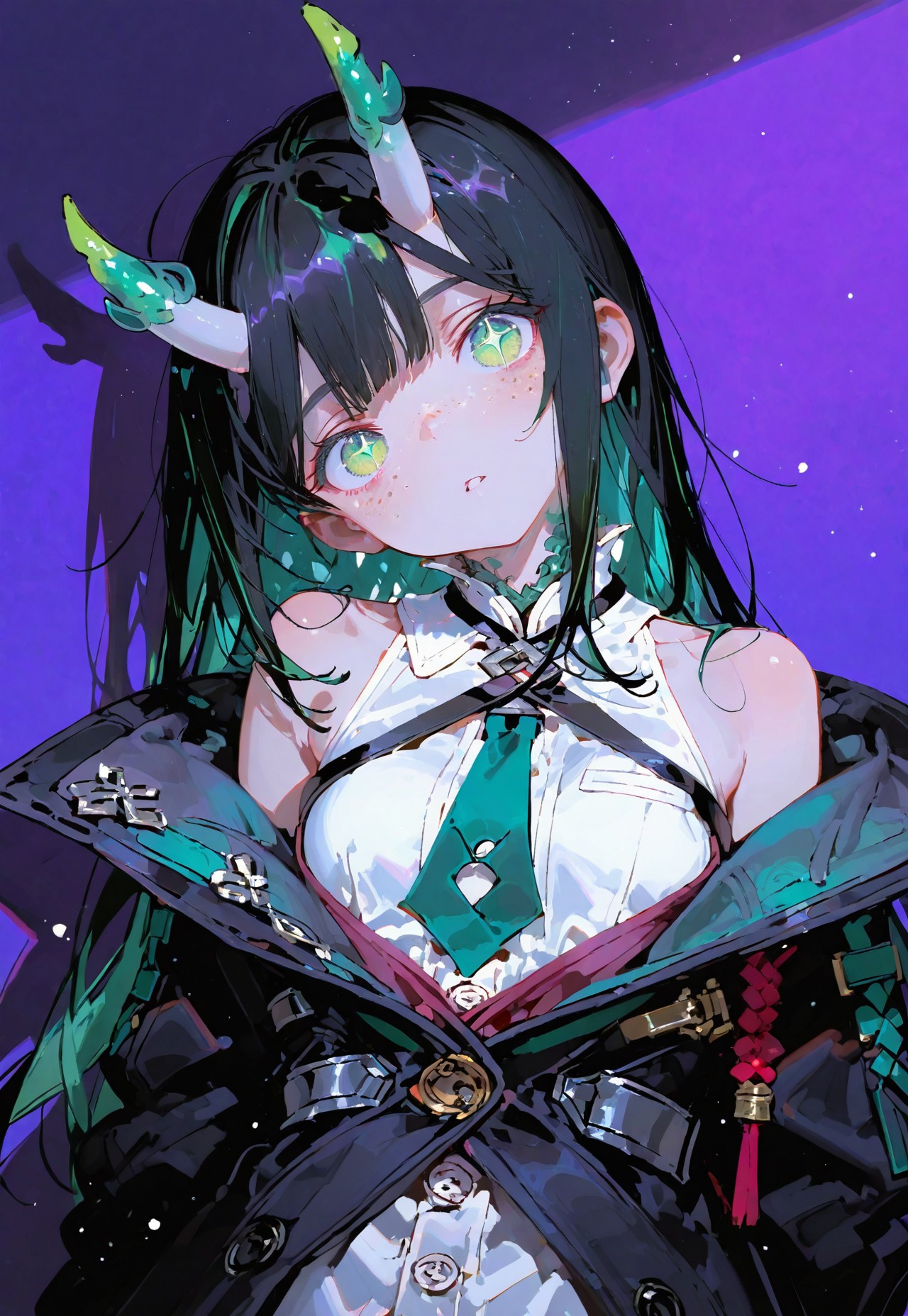 looking at viewer,above torso shot,head tilt,curios expression

1 girl,petite,loose unruly messy hair,messy bangs,black hair,green accents hair,fair skin,dragon horns,green eyes, sparkling eyes,freckles

Large Black coat with green accent,coat hanging sleeves,white sleeveless buttoned shirt,green tie, exposed shoulder

Color background, bright purple background,shadow, light from front,glimmer, scales design, sparkling

Cunnystyle,748cmstyle,Smooth_Quality,dynamic pose, foreshortening, extreme perspective,masterpiece,best quality,amazing quality, aesthetic,bright colors,bold lines