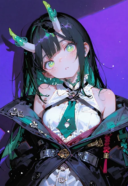 looking at viewer,above torso shot,head tilt,curios expression
1 girl,petite,loose unruly messy hair,messy bangs,black hair,green accents hair,fair skin,dragon horns,green eyes, sparkling eyes,freckles
Large Black coat with green accent,coat hanging sleeves,white sleeveless buttoned shirt,green tie, exposed shoulder
Color background, bright purple background,shadow, light from front,glimmer, scales design, sparkling
Cunnystyle,748cmstyle,Smooth_Quality,dynamic pose, foreshortening, extreme perspective,masterpiece,best quality,amazing quality, aesthetic,bright colors,bold lines