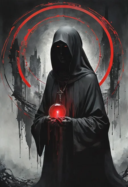 ral-ertmsphr otclillsn carcosa city, cybersecurity meme, data flows, dynamic movement, bleaked red and black, a Vintage casual nun inside of circle, looking curious, By Yoji Shinkawa