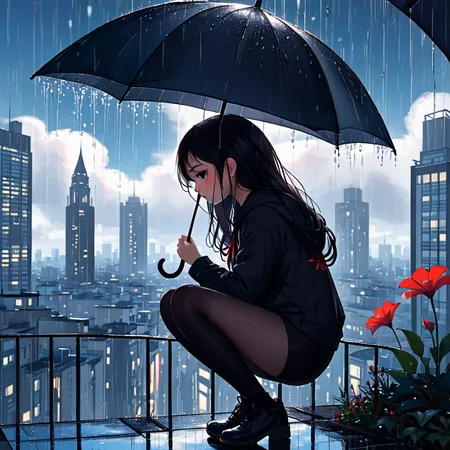 masterpiece,detail,high resolution,smooth lines,shadow detail,
LowKeyLights_v2, 1girl,solo,long hair,black hair,long sleeves,holding,flower,pantyhose,outdoors,sky,shoes,cloud,hood,from side,black pantyhose,hoodie,umbrella,squatting,hood down,red flower,building,scenery,reflection,rain,holding umbrella,city,cityscape
 ,<lora:low-key_lights_v2_xl:0.8>,