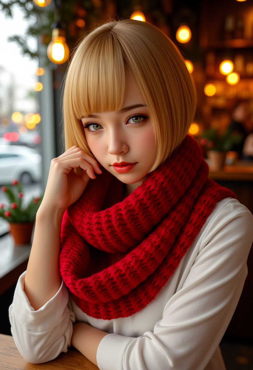 midshot,She is approximately 18 years old. Hyperrealism, she is looking at the camera, (dynamic angles), profile headshots of a beautiful, stunning unique female character. she has blonde hair. her eyes are filled with joy and excitement, extravagant eyelashes, a photo of a Samantha, she is wearing a red scarf, and a white shirt. She is sitting in a café, indoors, reading a book, with a cup of coffee sitting on the table in front of her. The café is decorated for Christmas.  The woman is posing confidently. She has a slight smile on her face and is looking directly at the camera. making this image a masterpiece of photography and digital art. realistic. making this image a masterpiece of photography and digital art. Style: realistic hyper-detailed rendering, 32k UHD, expressive eyes, punk, graphic design, girl's face, pretty and cute, gleaming lips, telling a tale of adventure. Exuding confidence and serenity. The overall mood of the image is happy and relaxed,detailed skin texture,(blush:0.2),(goosebumps:0.3),subsurface scattering,whimsical,Detailed hand, Perfect hand. Perfection style.