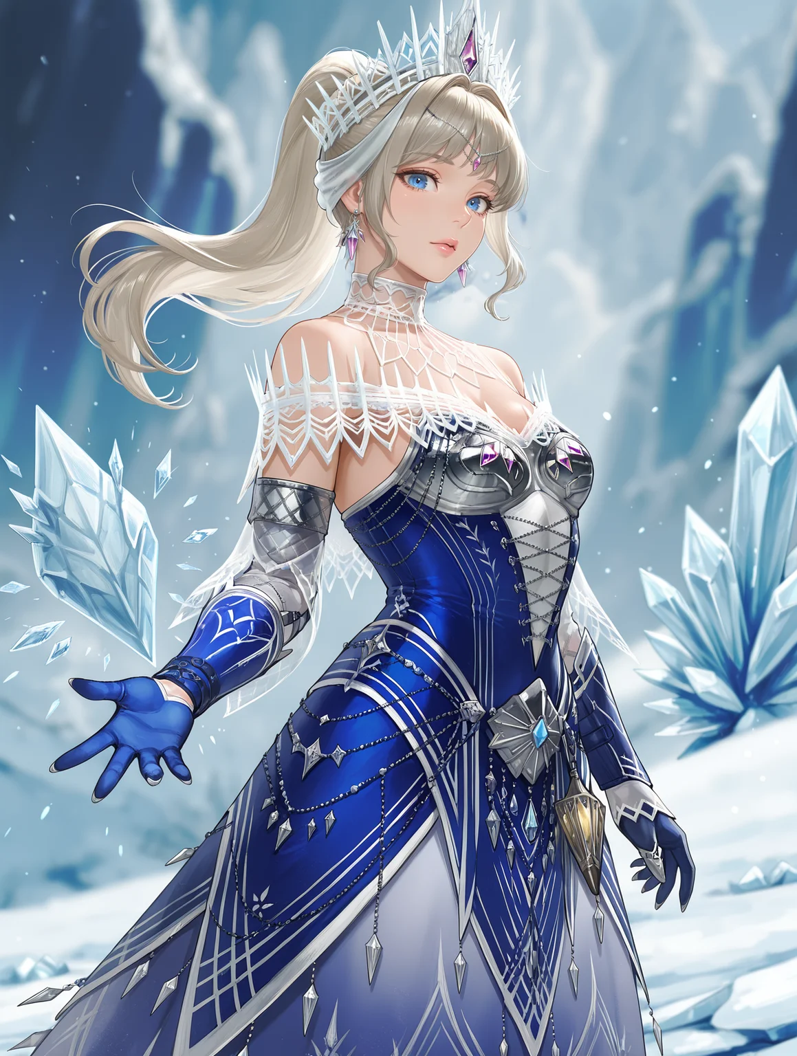 blue long dress, velkhana armor, 1girl, solo, blue eyes, blue gloves, long hair, ponytail, silver crown, ice, blurry, blurry background, looking at viewer, lips, tiara, silver earrings
masterpiece,best quality,amazing quality,very aesthetic,absurdres,newest,<lora:Velkhana Armor Beta illuXL v1.1:0.77>,side,