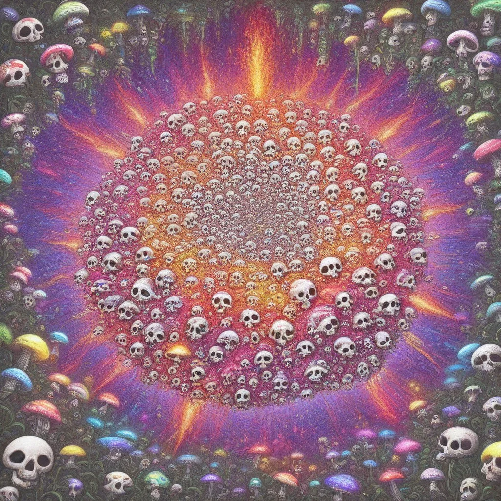 A giant mushroom towering over a colorful meadow, with fireflies glowing around its base and vines wrapping around its stem, slimes_skullwm, made of skulls