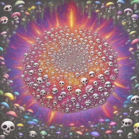 A giant mushroom towering over a colorful meadow, with fireflies glowing around its base and vines wrapping around its stem, slimes_skullwm, made of skulls