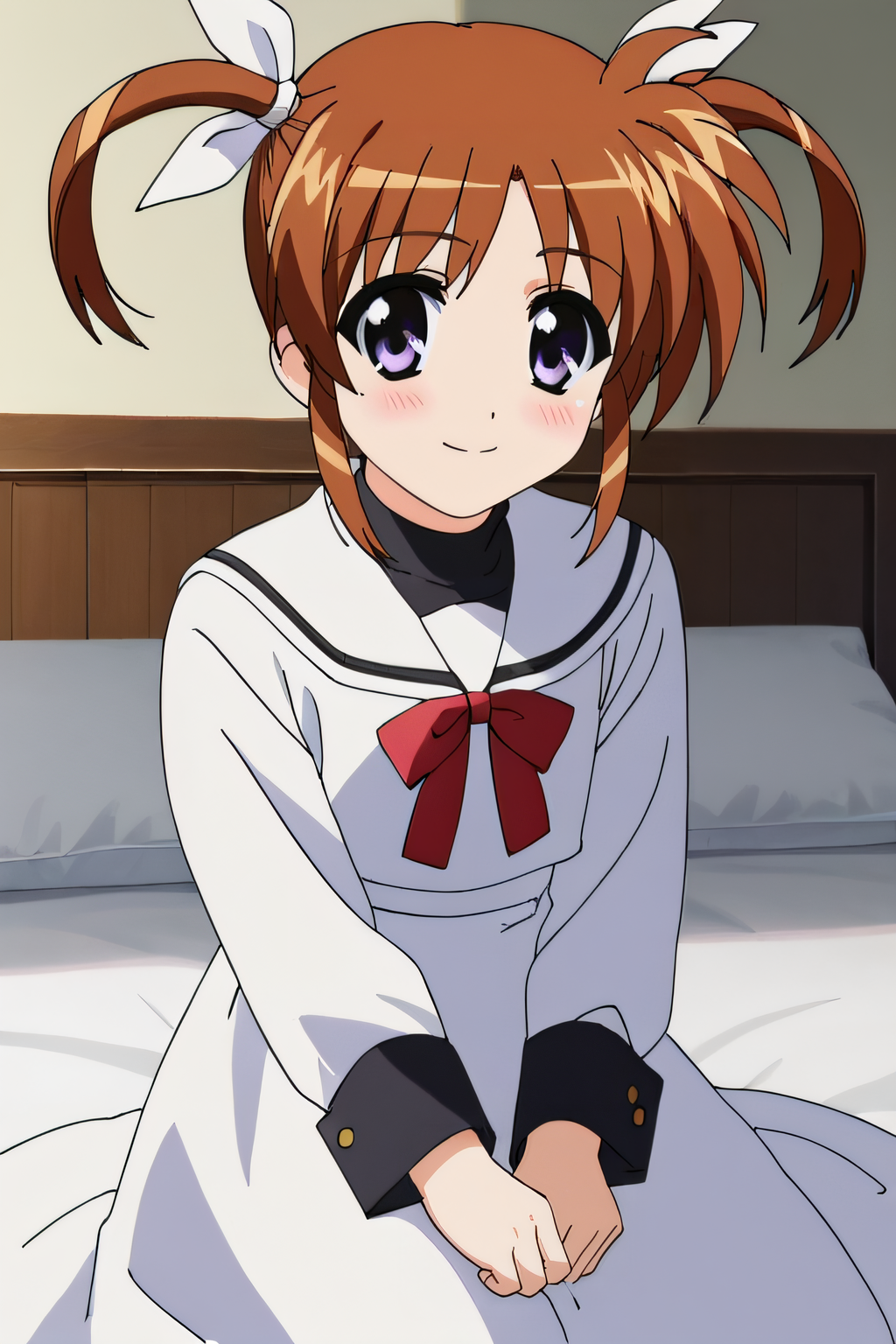 score_9, score_8_up, score_7_up, source_anime, rating_safe, intricate details, anime screencap, official style, 1girl, solo, <lora:Takamichi_Nanoha:1>, nanoha, brown hair, twintails, purple eyes, white dress, long sleeves, white sailor collar, red_ribbon, black turtleneck, long dress, black cuffs, looking at viewer, indoor, cowboy shot, sitting on bed, blush, smile