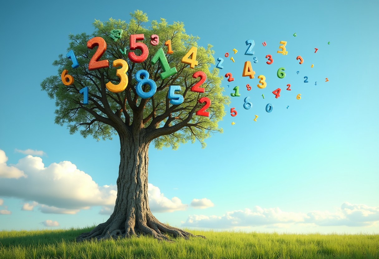 A professional photograph of a surreal, human-like figure standing in an open field under a bright blue sky, where the figure's head is replaced by a large tree. The tree’s thick, realistic trunk emerges seamlessly from the figure’s neck, with branches extending outward in place of a head. Instead of leaves, vibrant, colorful numbers grow from the branches, some hanging like ornaments, while others sprout directly from the wood. Smaller numbers float whimsically in the air around the tree-head, adding an ethereal touch. The figure’s body is grounded, with roots subtly trailing from the base, merging with the grassy field. In the background, soft clouds and a gentle horizon enhance the magical and imaginative atmosphere, blending the natural world with surreal elements