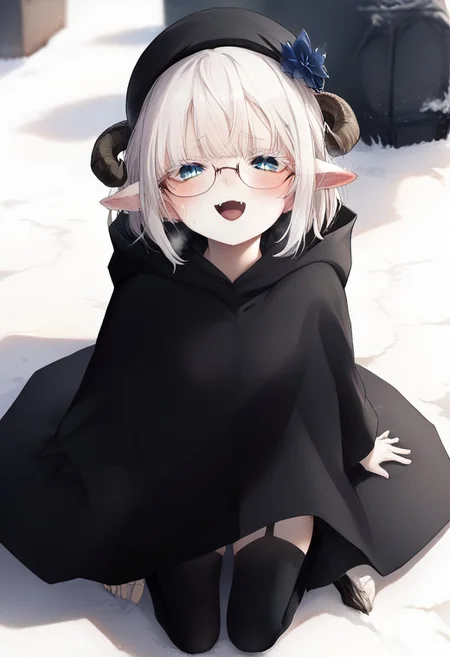 score_9, score_7_up,detailed face, (LOLIt*), lineart, (kedama style), shiny skin, breath, ear blush,
(depth_of_field), 
(from above), (close-up), detailed line, (eye focus), looking at viewer, ((looking up)),
BREAK
(((sheep ears))), see-through black cloak, 
((pigeon-toed)), (toeless_legwear thighhighs),
(lace-trimmed gloves), looking at viewer, black clothes, beret, glasses, (white eyelashes),
blue eyes with reflection, ear blush, ((embarrassed, sweatdrop, shy)), slit pupils, crystal,  
small breasts, cleavage, lips, fangs, (furrowed brow), mesugaki,
white hair, messy hair, [medium hair], [black curled horns], tongue out, (bare shoulders),