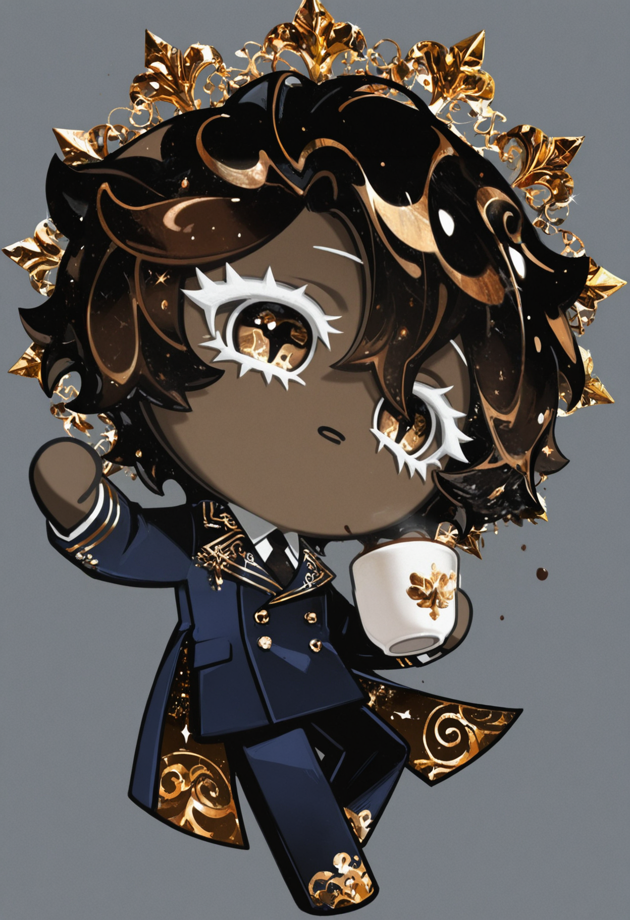 masterpiece,best quality,amazing quality,
colored eyelashes,white eyelashes,elegant pose,solo,full body,simple background,
boy,dark blue coat,gold accents,coffee-themed accessories,(coffee theme:1.1),(italian theme:1.1),suit,tie,holding cup,brooding expression,dark hair,piercing eyes,
crk1styl111,<lora:lycoris:1>,(chibi:1.4),