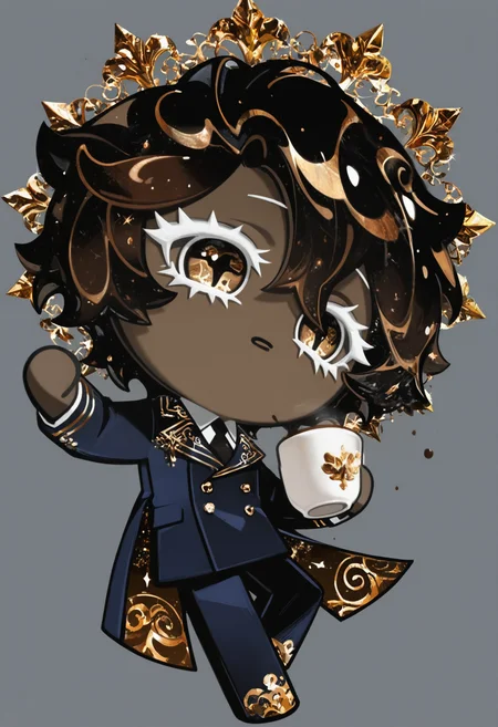 masterpiece,best quality,amazing quality,
colored eyelashes,white eyelashes,elegant pose,solo,full body,simple background,
boy,dark blue coat,gold accents,coffee-themed accessories,(coffee theme:1.1),(italian theme:1.1),suit,tie,holding cup,brooding expression,dark hair,piercing eyes,
crk1styl111,<lora:lycoris:1>,(chibi:1.4),