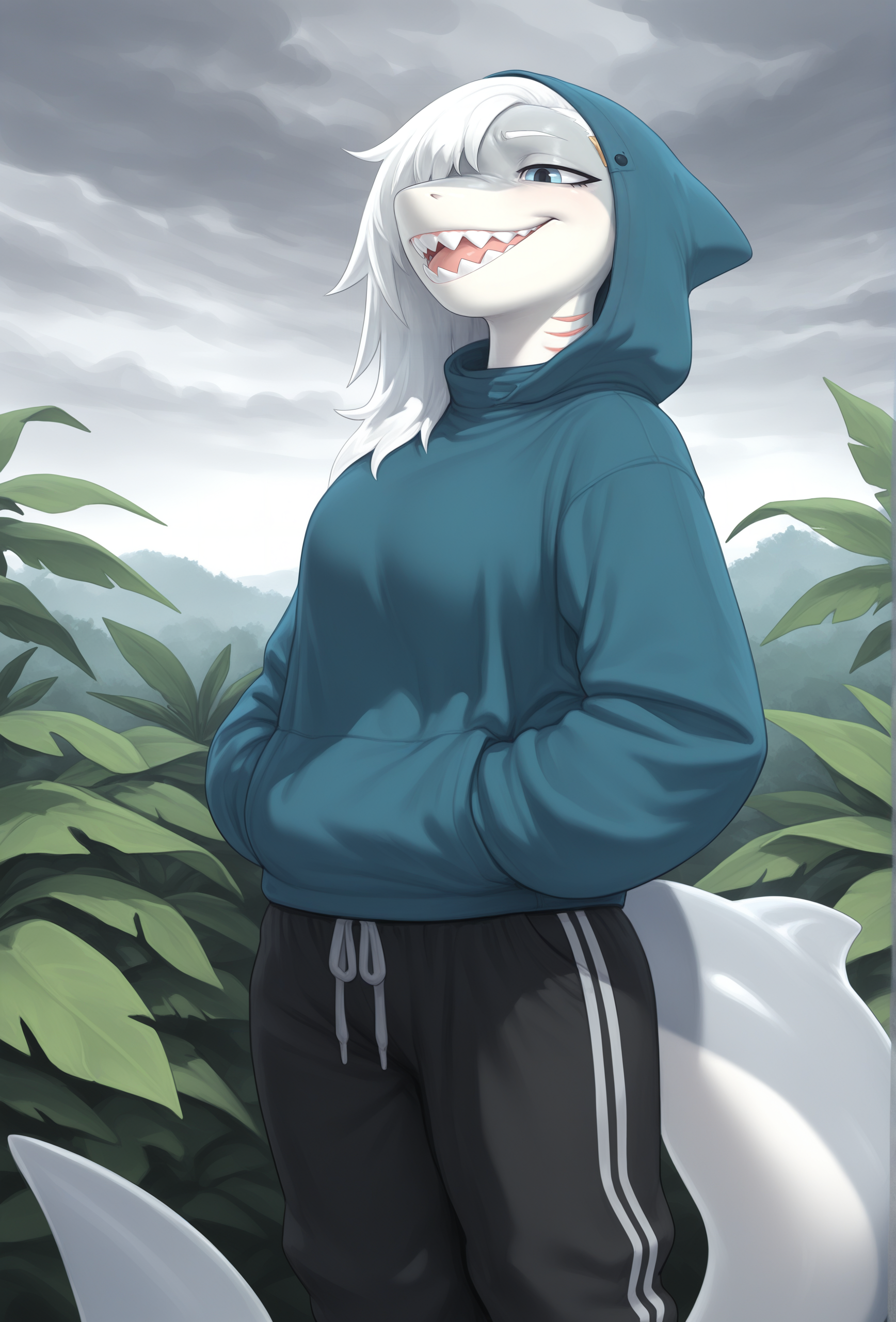 masterpiece,best quality,amazing quality, <lora:maxmushroom_style_illustrious_v1f:1> maxmushstyle, 1girl, furry, shark girl, sharp teeth, white hair, asymmetrical hair, BREAK
hoodie, hood up, sweatpants, overcast, jungle, shark tail