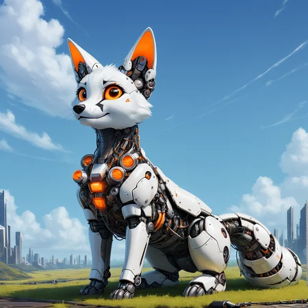 cybernetic robot . android, AI, machine, metal, wires, tech, futuristic, highly detailed, sunrise animal (Encountering mythical beasts) (Amongst manticores and chimeras) , score_9, score_8_up, score_7_up, score_6_up, score_5_up, score_4_up, adorable, beautiful adorable fox, sitting on grass, beautiful landscape, futuristic, hyper detailed, jagged rocks and cliffs, big structures, wires, dark and gloomy