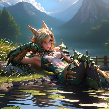 safe_pos, ((Score_9, score_8_up, score_7_up), masterpiece, perfect face, expressive eyes,(dragon girl),(full animal arms),(muscular arms:1.2),(monster arms:1.3),(big claws),relaxed expression,relief,(looking away),lying in a pond, blonde hair, yellow eyes,(long tail),(slender figure),(tight clothes:1.1),forest and mountains scenery,pond,(close-up),relaxing,(soaking wet,wet clothes,wet skin,dripping water),bathing in a pond,hot water,steam