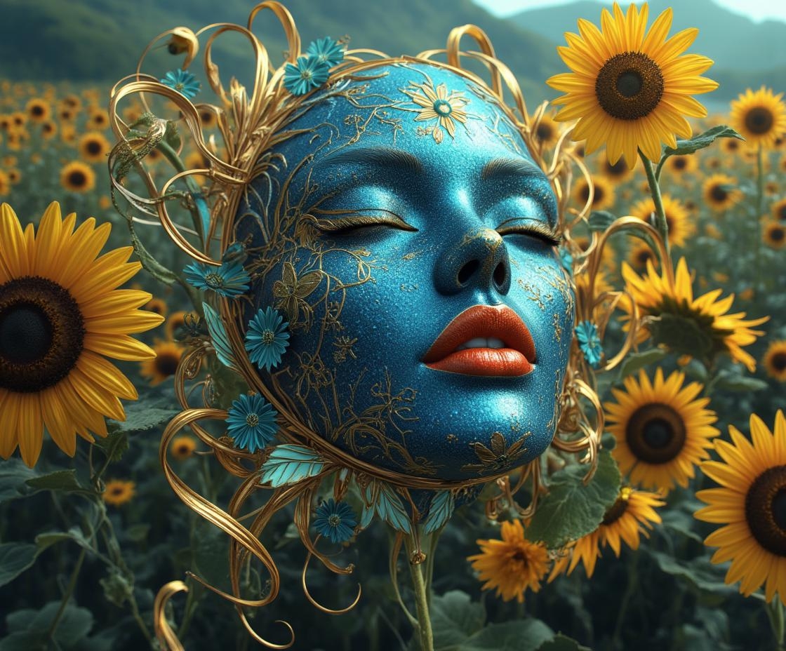 <lora:Refined_Beauty_v1_style.safetensors:1> RefinedBeauty_DA
In the heart of a surreal dreamscape, where reality and fantasy intertwine, the "Solar Spirit" mask floats amidst a sea of undulating sunflowers. The mask, a masterpiece of fluid beauty, glimmers with a vivid blue ceruse finish, its surface rippling like the surface of a tranquil lake under the moonlight. Intricate gold and turquoise floral embellishments weave through the mask, their delicate patterns shimmering and shifting, as if crafted by the hands of ethereal beings. The deep crimson lips, bold and expressive, stand out against the serene, half-closed eyes, which seem to hold the gaze of an endless summer day.
The sunflowers in the background are no ordinary blooms; they dance and sway, their petals glowing with a radiant warmth that bathes the entire scene in a golden light. Some of the sunflowers float in mid-air, their stems trailing like silk ribbons, while others grow from the surface of gently flowing rivers of liquid light. The landscape itself is a tapestry of flowing hills and valleys, where the earth and sky seem to merge in a seamless, ever-changing dance.
In this enchanted realm, the boundaries between the real and the imaginary blur, drawing the viewer into a world of endless wonder and enchantment. The "Solar Spirit" mask, a symbol of nature's beauty and the human spirit's connection to the divine, invites all who behold it to transform themselves, to let the warmth and tranquility of the summer sun shine through and elevate their very essence.