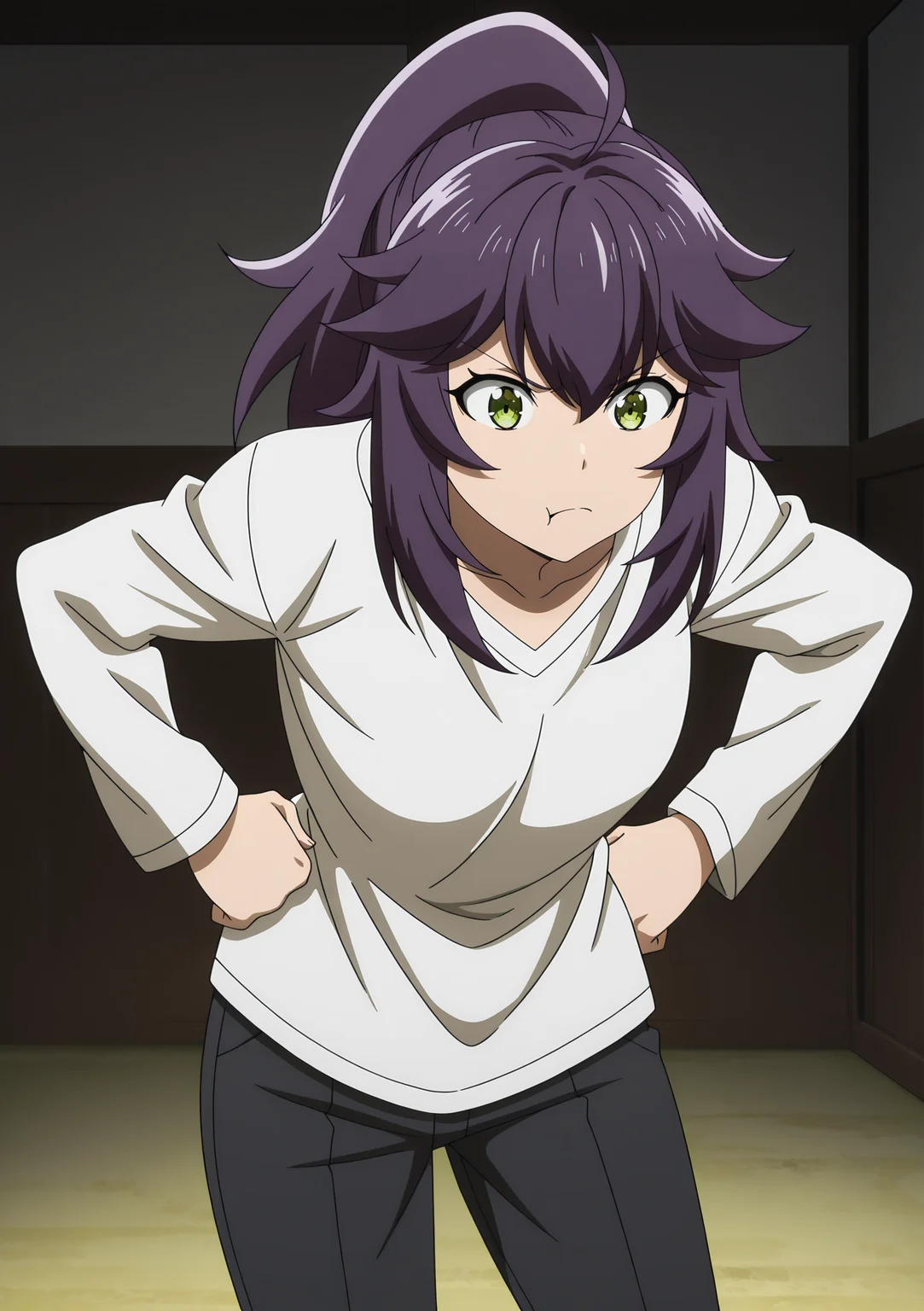 volumetric lighting, official style, amazing quality, ultra detailed, highres, detailed background,anime coloring, (anime screencap) masterpiece, detailed face,1girl<lora:Aul__:1>Aul, ponytail, solo, pants, purple hair, hands on hips, shirt, leaning forward, long hair, green eyes, long sleeves, bangs, closed mouth, sidelocks, black pants, collarbone, frown