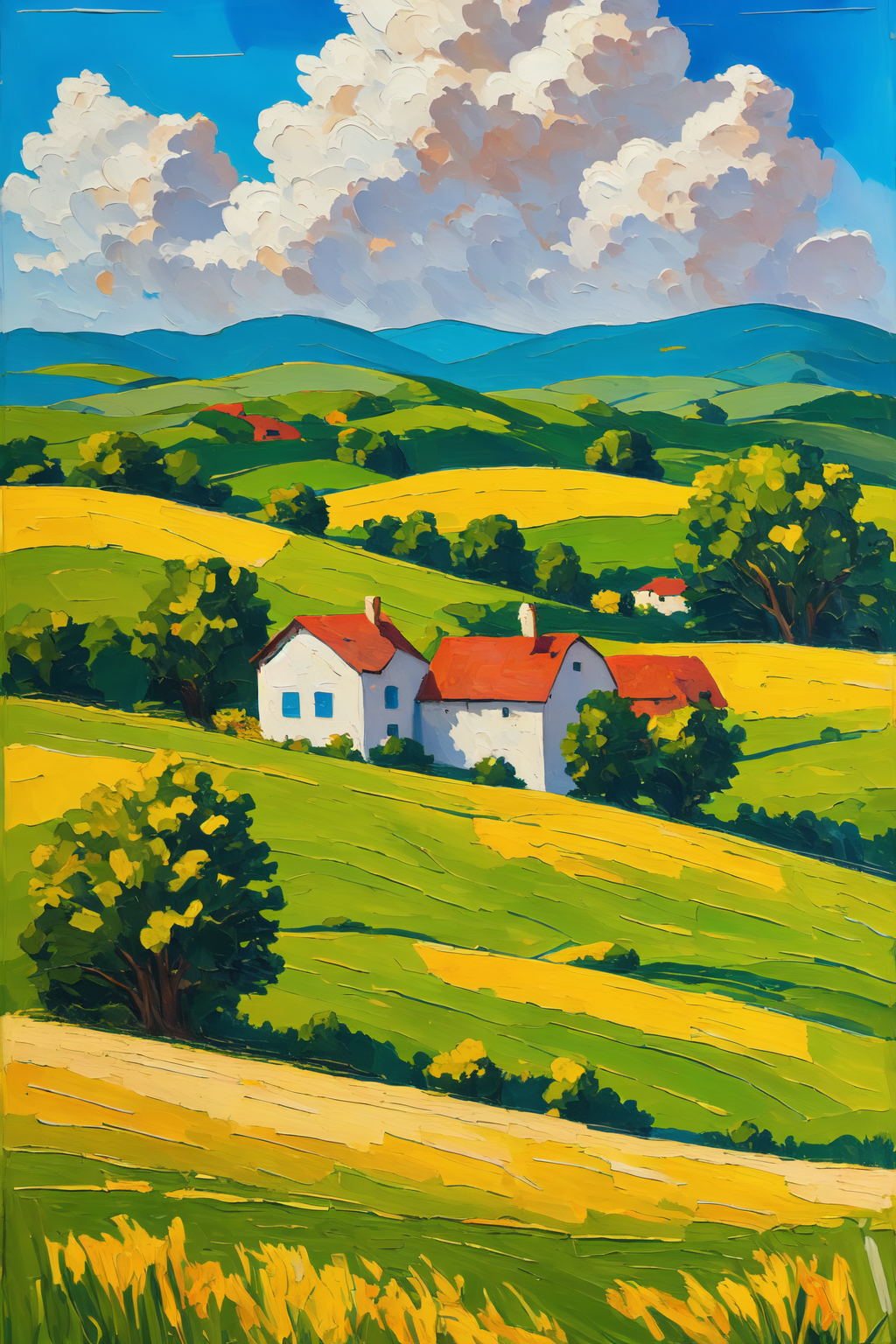 An oil painting of a rolling landscape with farms and farm houses. A blue sky with white clouds.