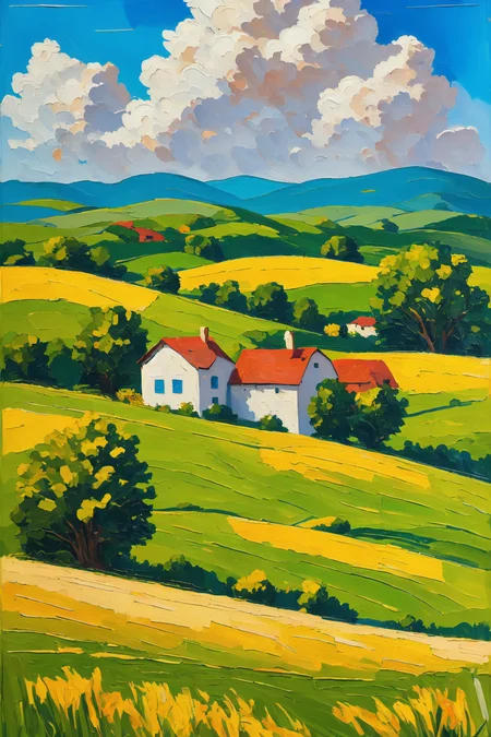 An oil painting of a rolling landscape with farms and farm houses. A blue sky with white clouds.