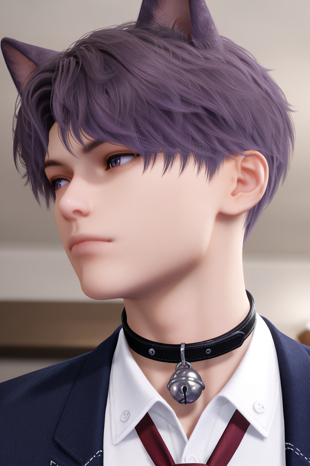 <lora:rafayel-IL-000008c:0.9>, Rafayel, 1boy, male focus, solo, short hair, shirt, white shirt, closed mouth, blurry, collared shirt, jacket, necktie, looking to the side, animal ears, collar, cat ears, from below, bell, cat boy, jingle bell, neck bell, purple hair,  bara,male focus,very awa,masterpiece,best quality,amazing quality,nsfw,uncersored,highres,best quality,amazing quality,best aesthetic,absurdres,